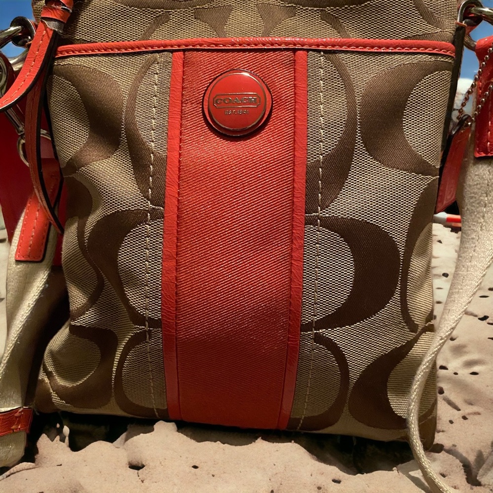 Coach small crossbody bag, coral & brown colors…